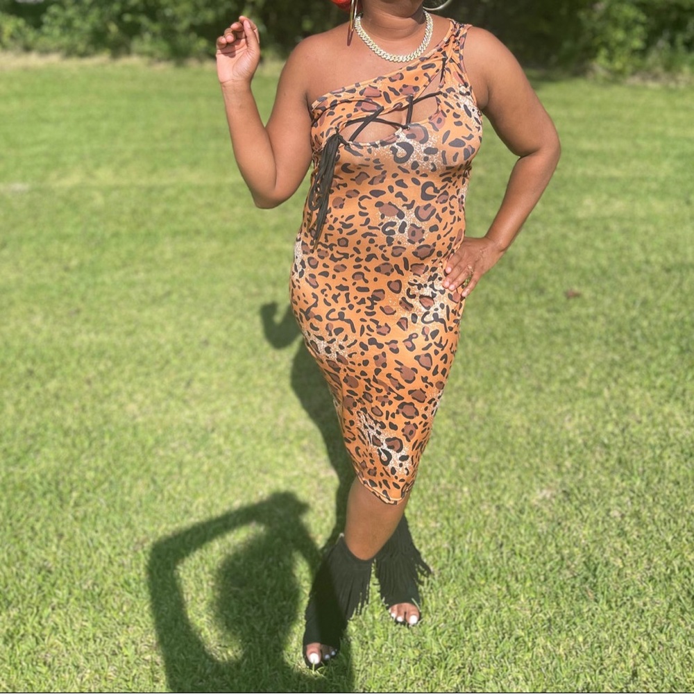 “BIANCA-2” CURVY Leopard Print Cut-Out One Sleeve Dress